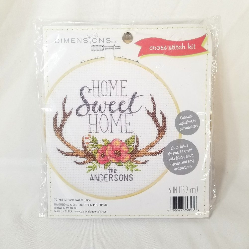 Dimensions 6 Inch Cross Stitch Kit Home Sweet Home 72-75813 Deer Antlers Flowers